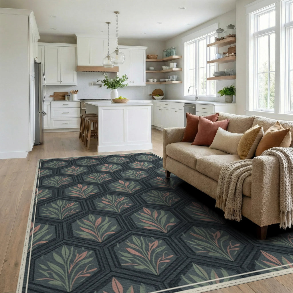 Sage and Charcoal Geometric Hexagon Rug - living_room