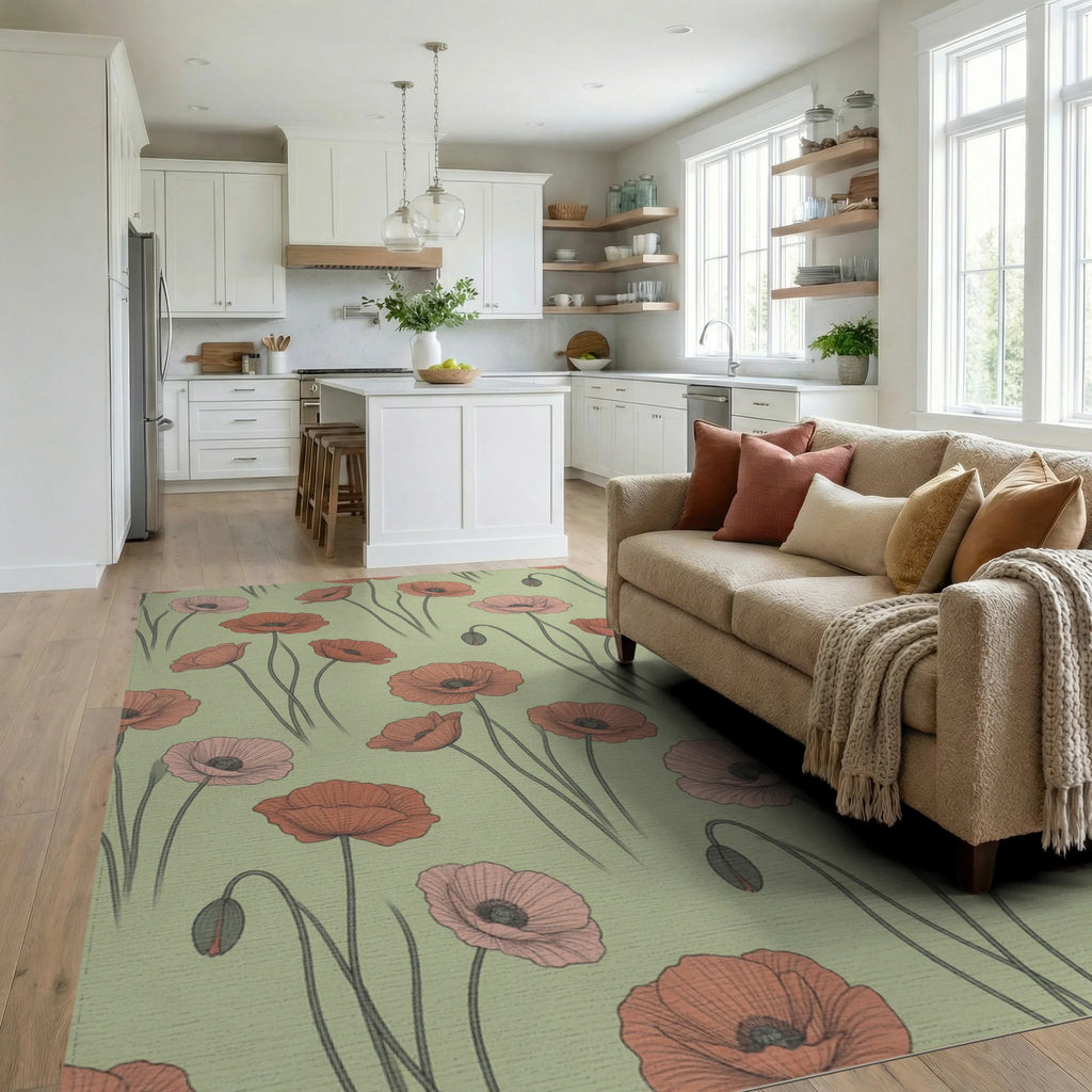 Olive Minimalist Floral Rug - living_room