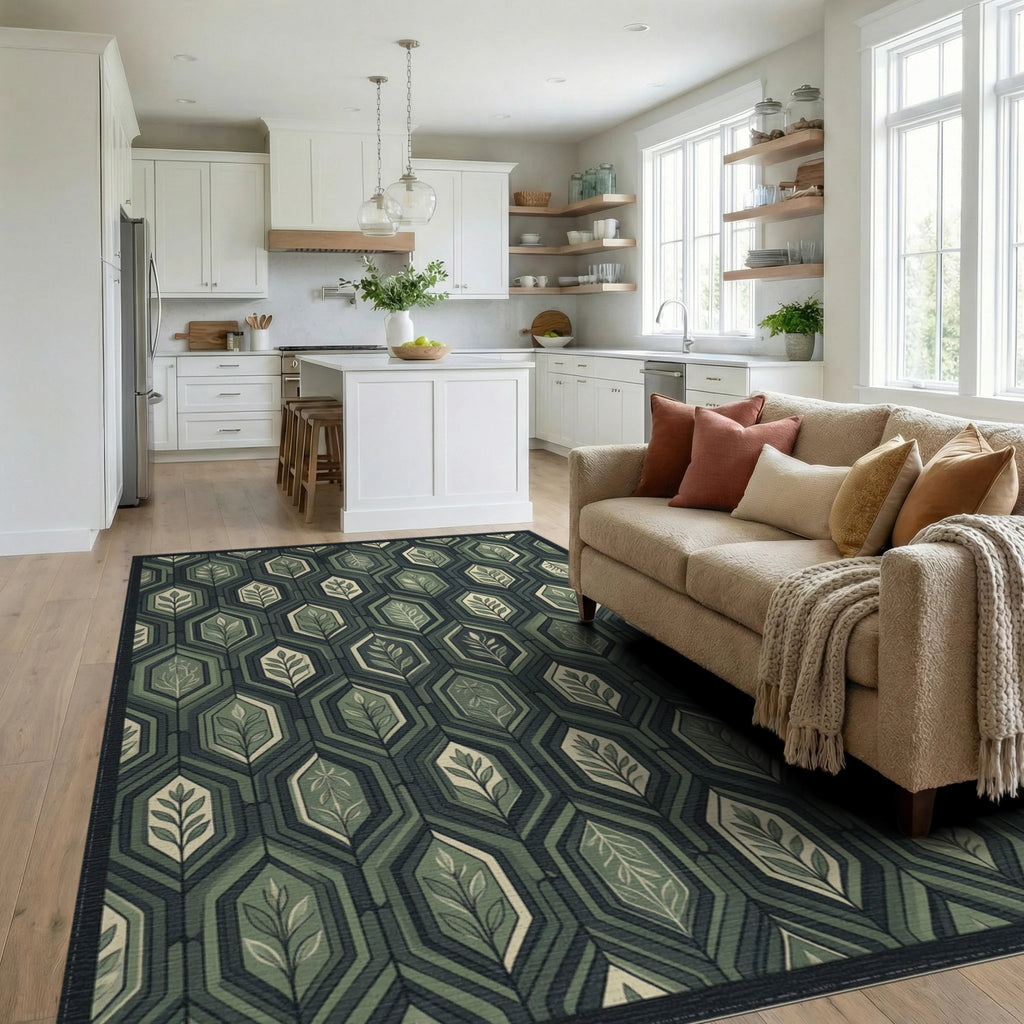 Minimalist Charcoal and Sage Hexagon Rug - living_room
