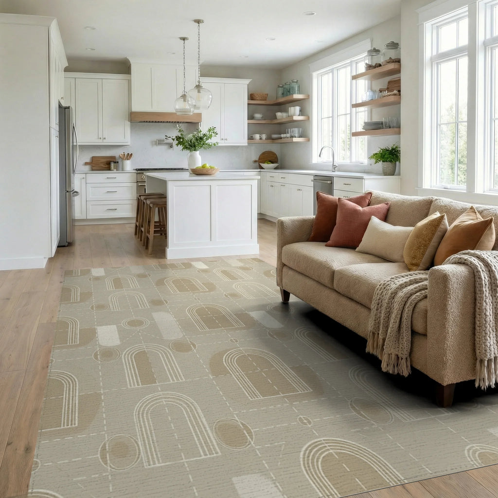 Farmhouse Beige White Rug - living_room
