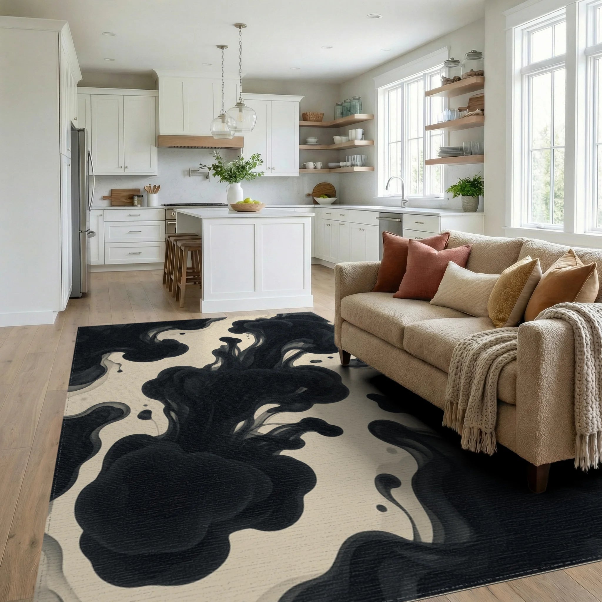 Black Beige Geometric Rug - living_room