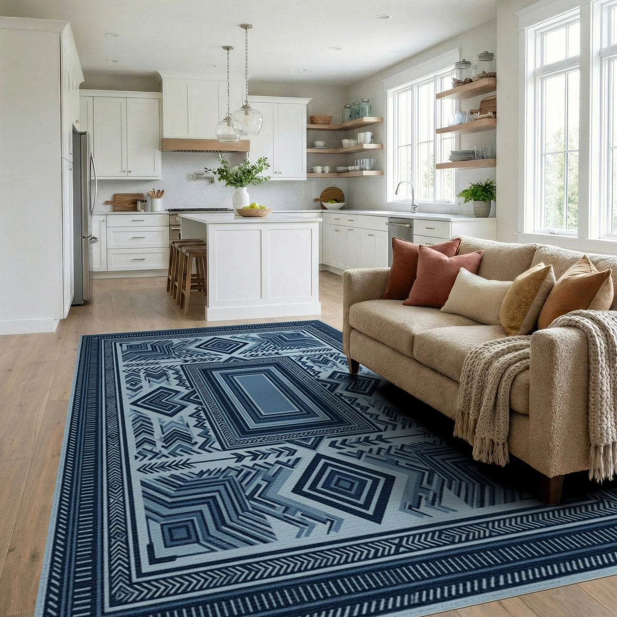 Symmetrical Indigo Geometric Folk Art Rug - living_room