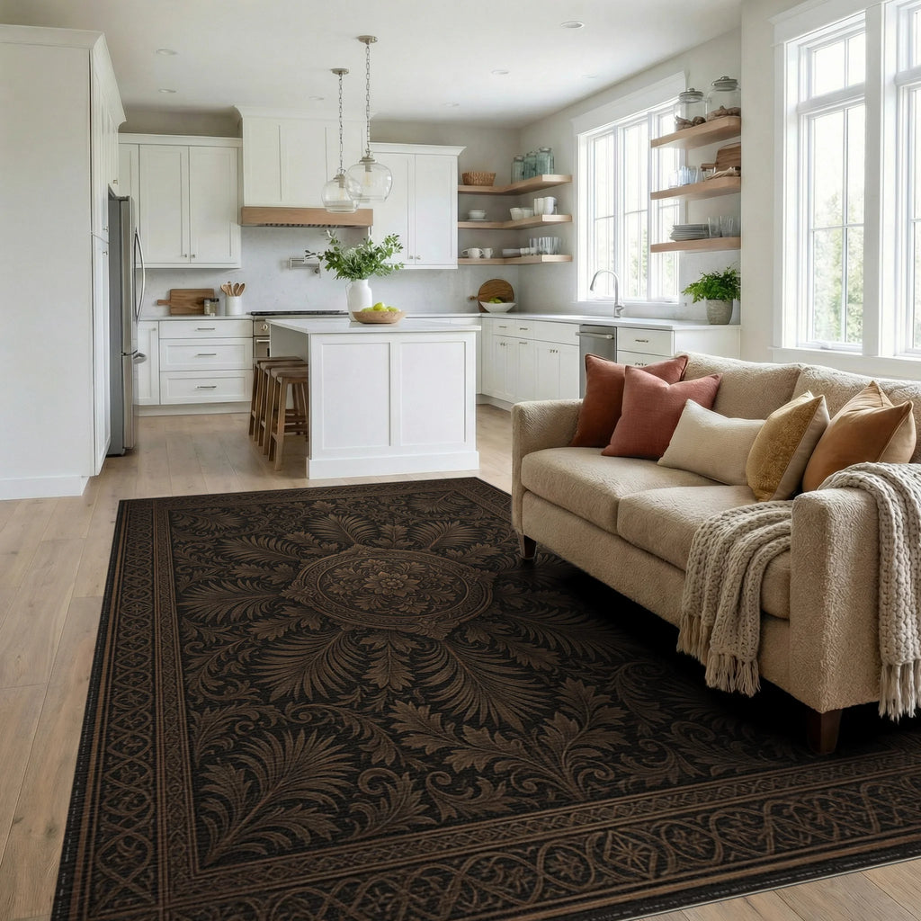 Brown Floral Geometric Rug - living_room