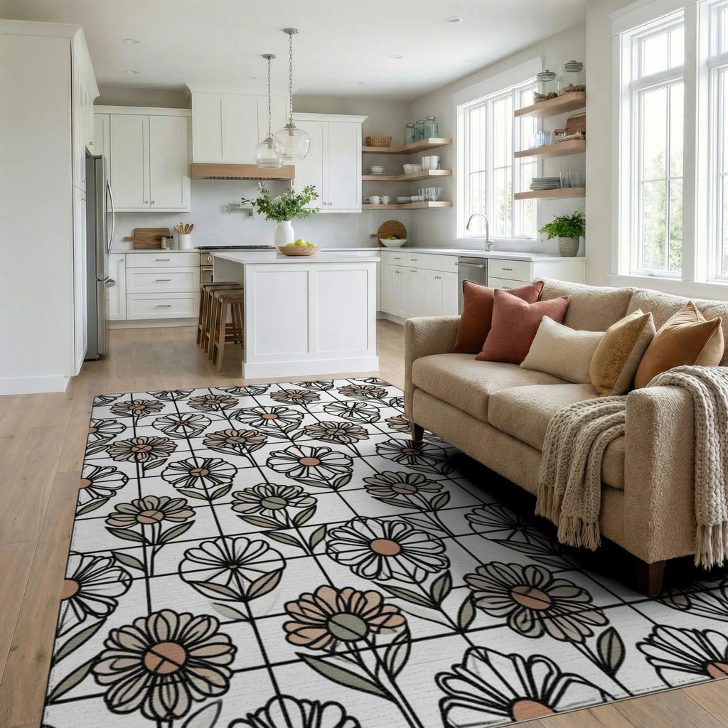 Floral Black White Rug - living_room