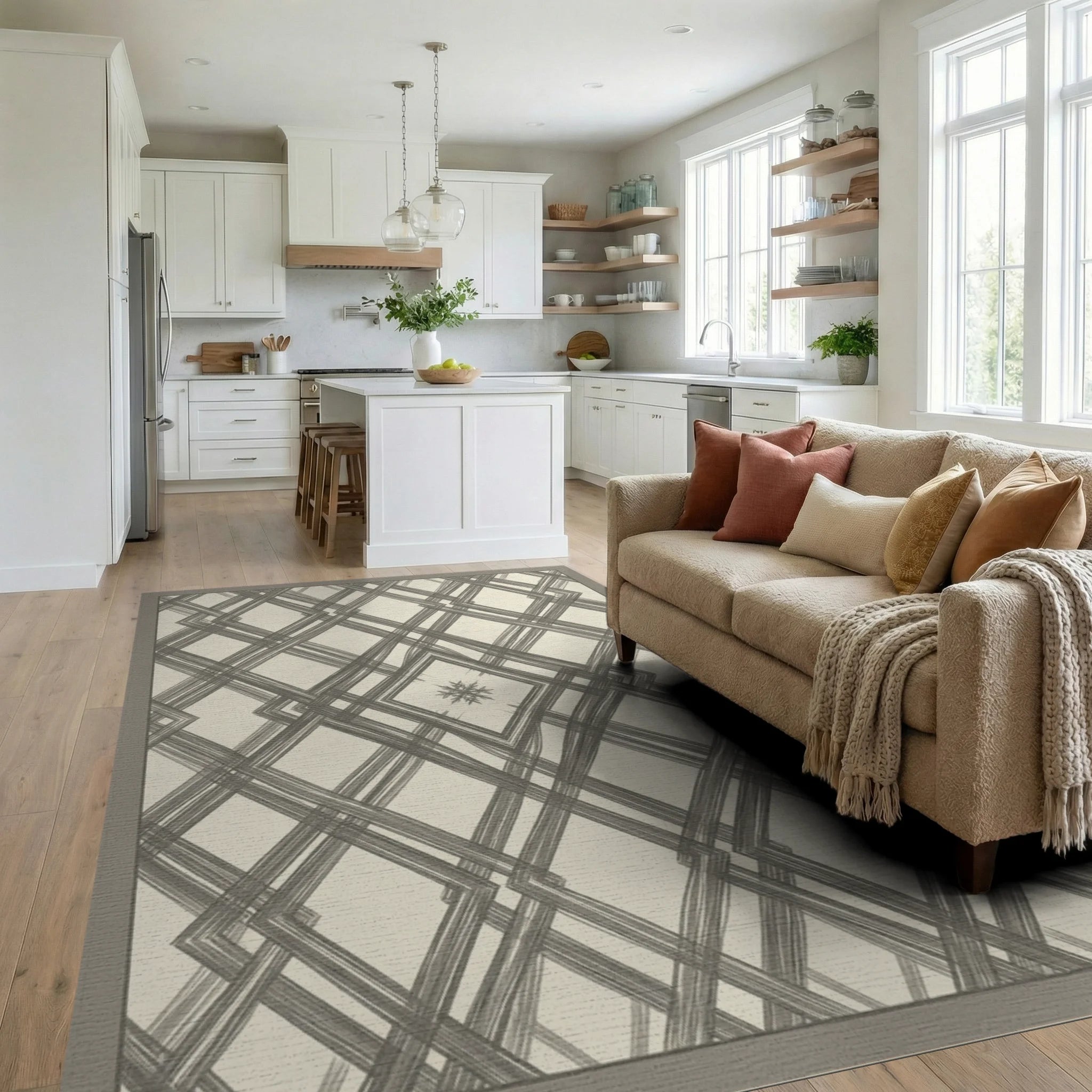 Cream Moroccan Geometric Rug - living_room