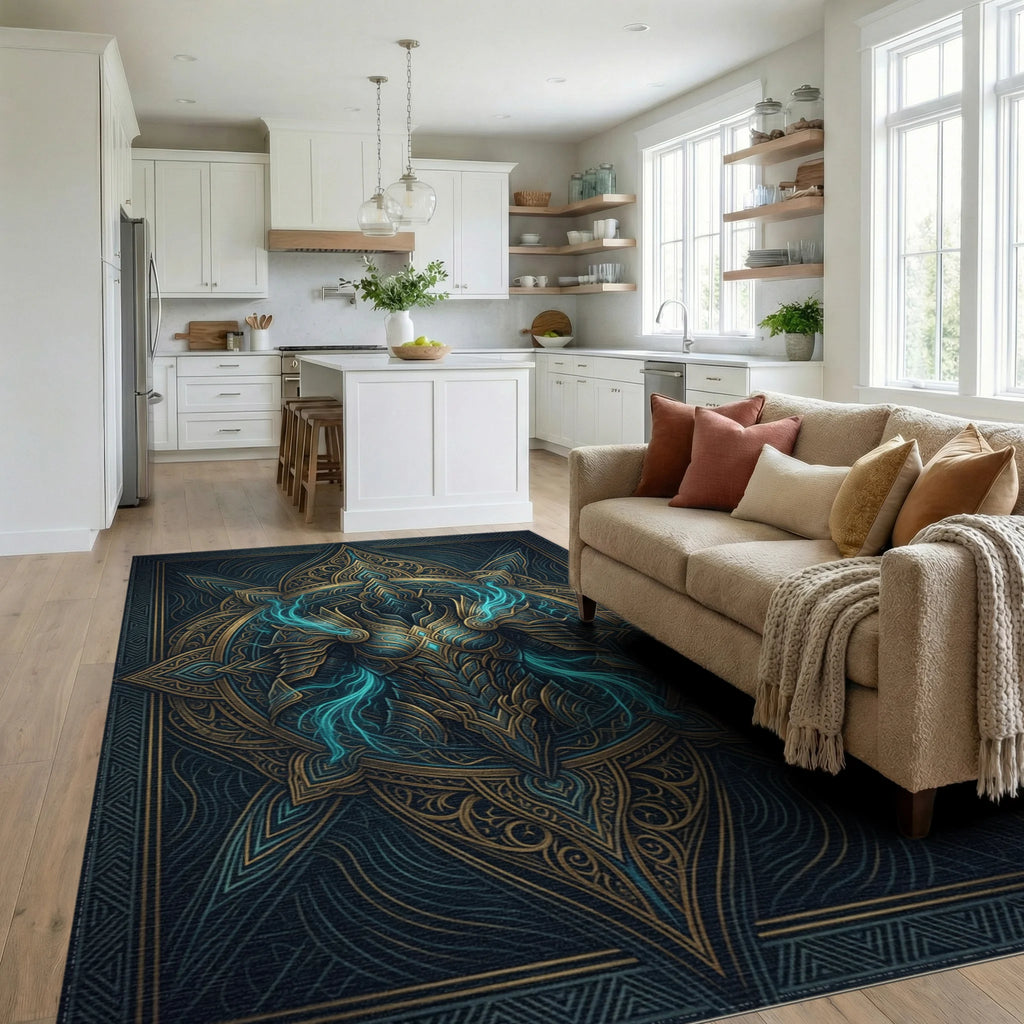 Midnight Blue Gold Medallion Regalia Rug - living_room