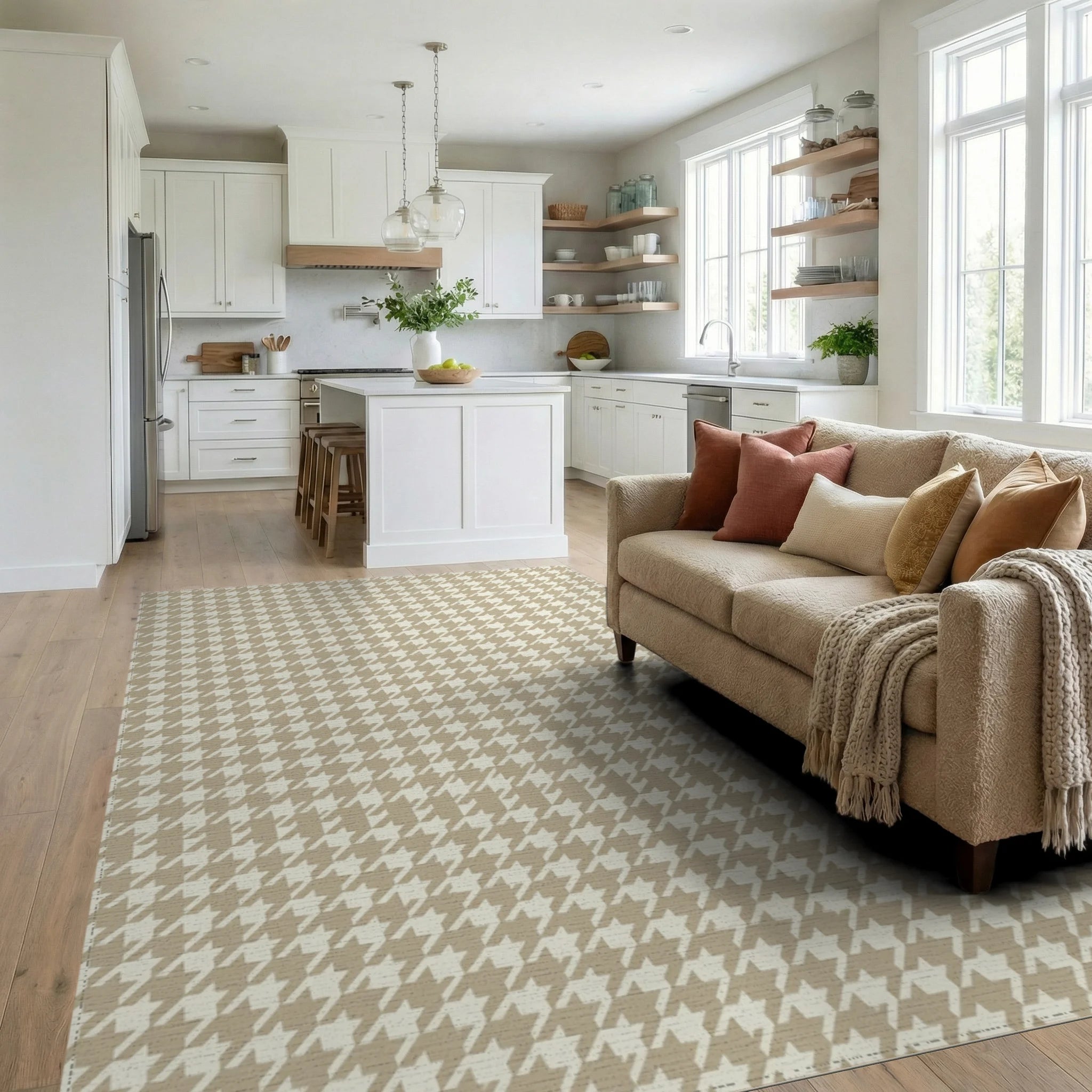 Beige Geometric Rhythmic Rug - living_room