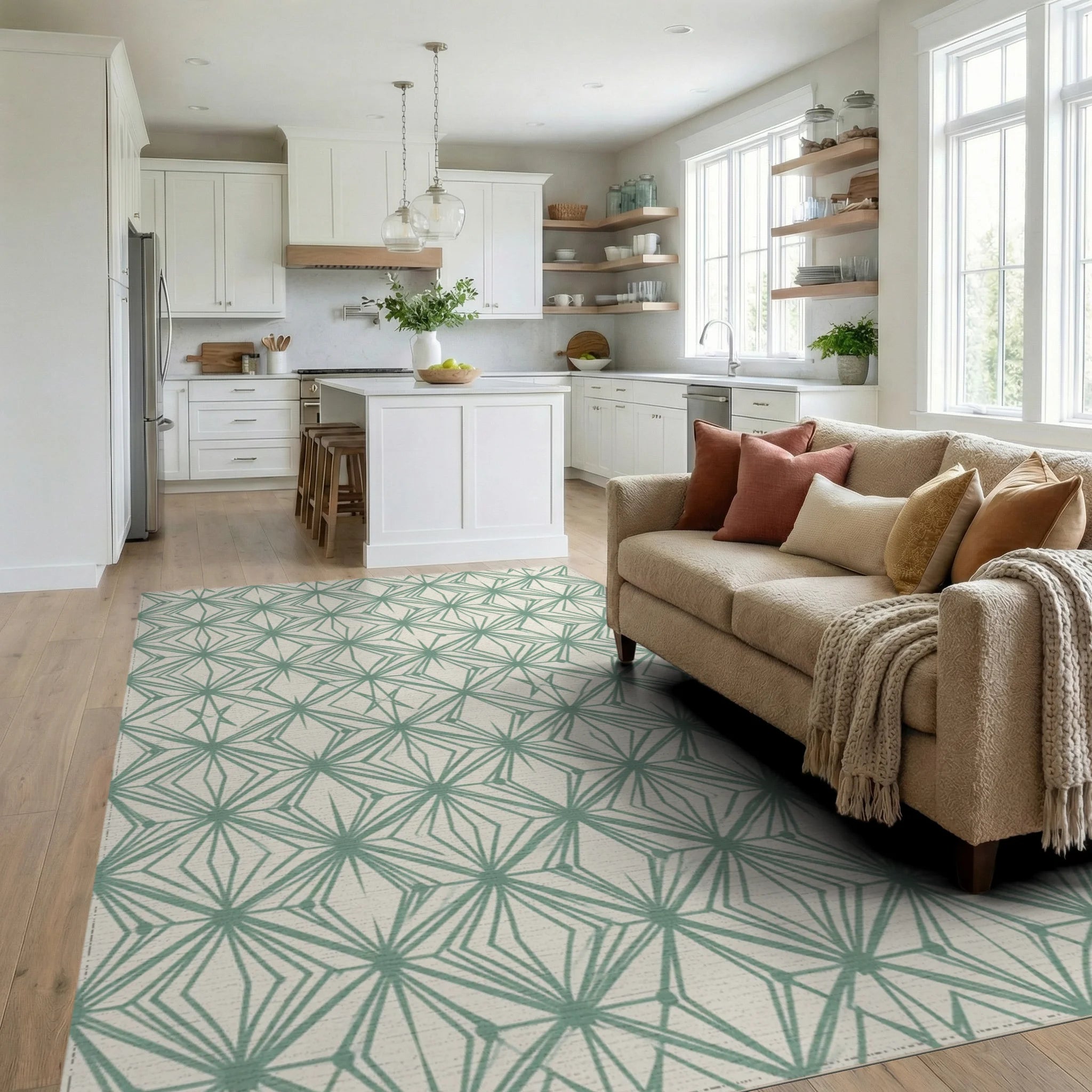 Green White Cream Rug - living_room
