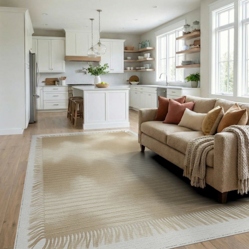 Beige Minimalist Geometric Rug - living_room