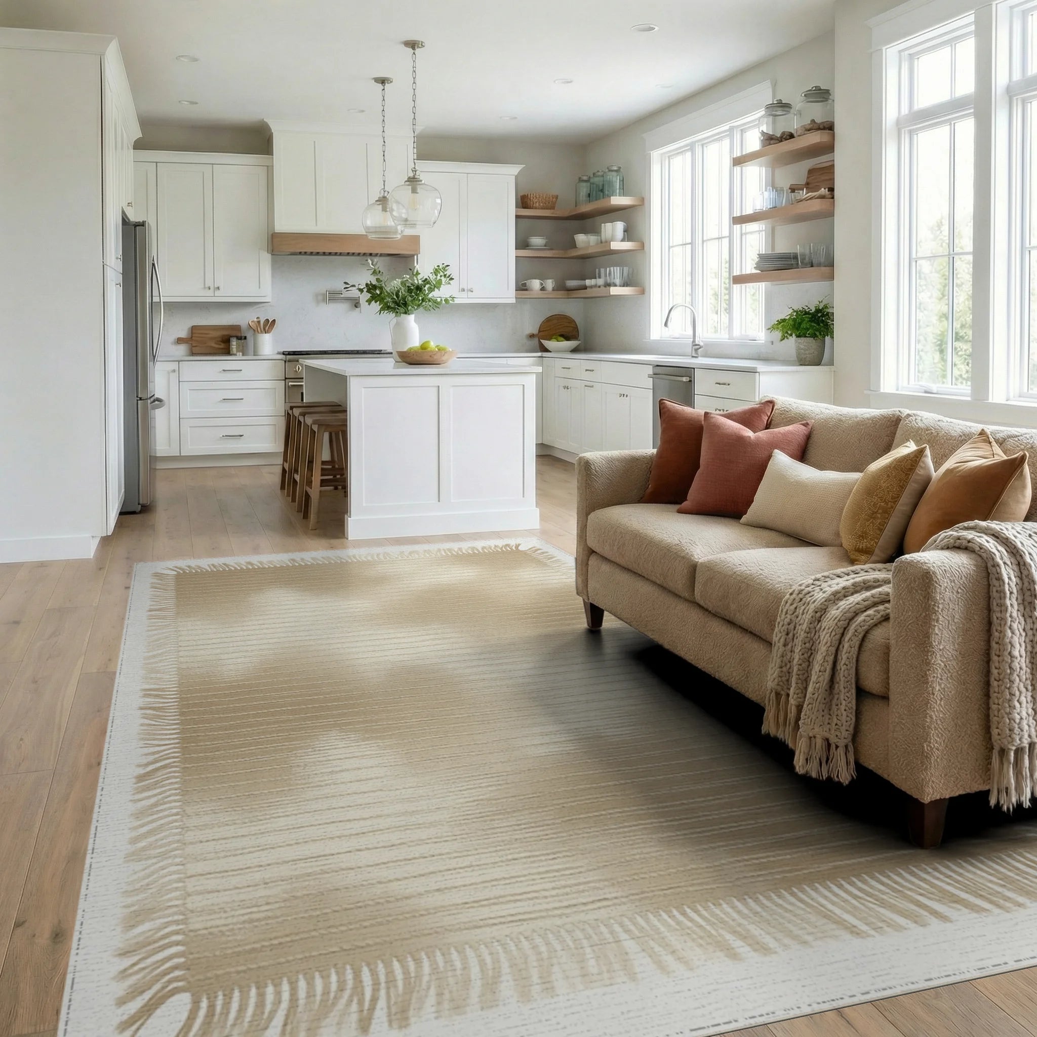 Beige Minimalist Geometric Rug - living_room