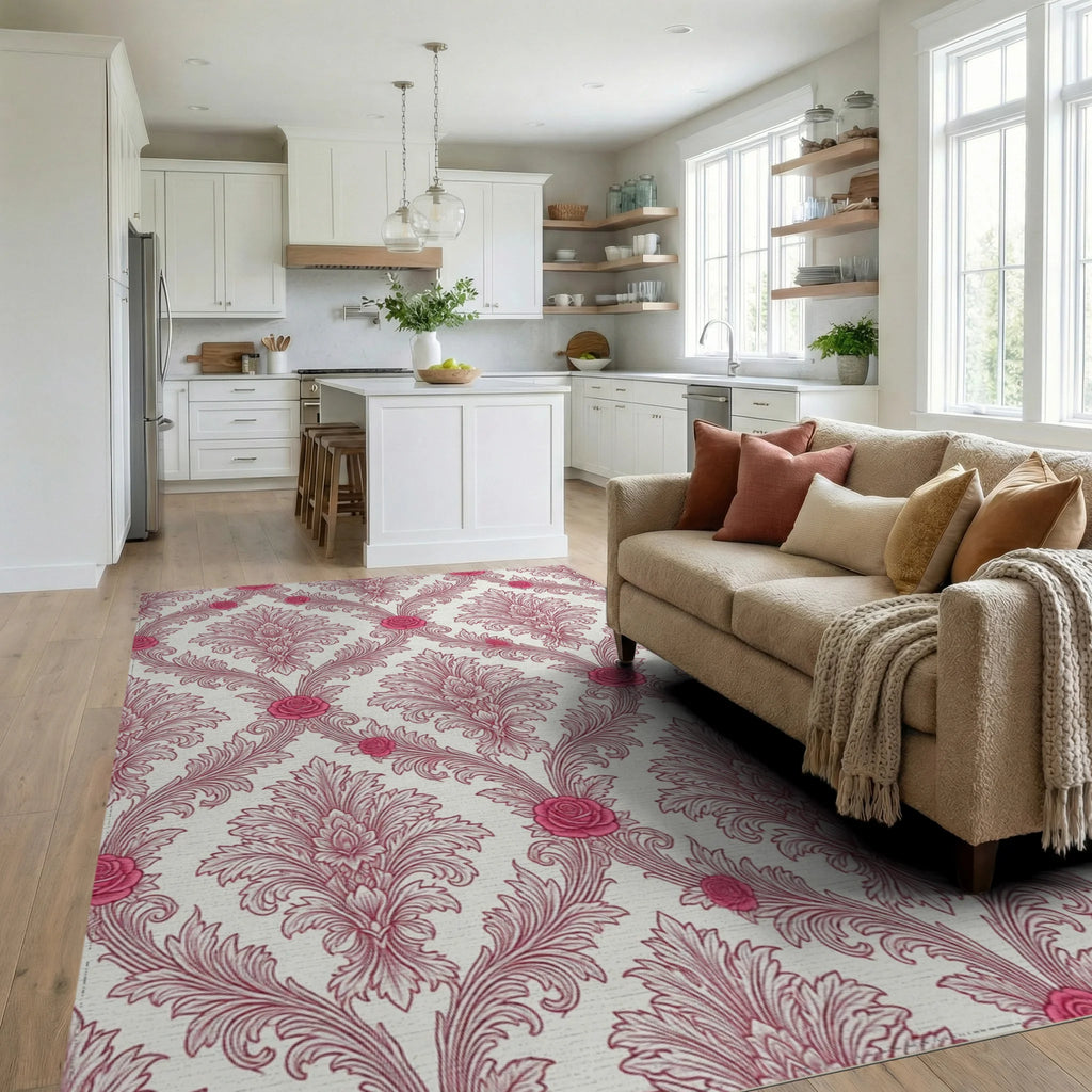 White Pink Floral Rug - living_room