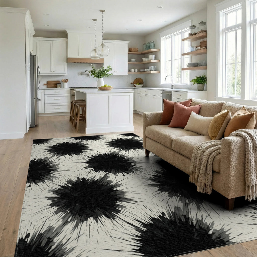 White Black Abstract Rug - living_room