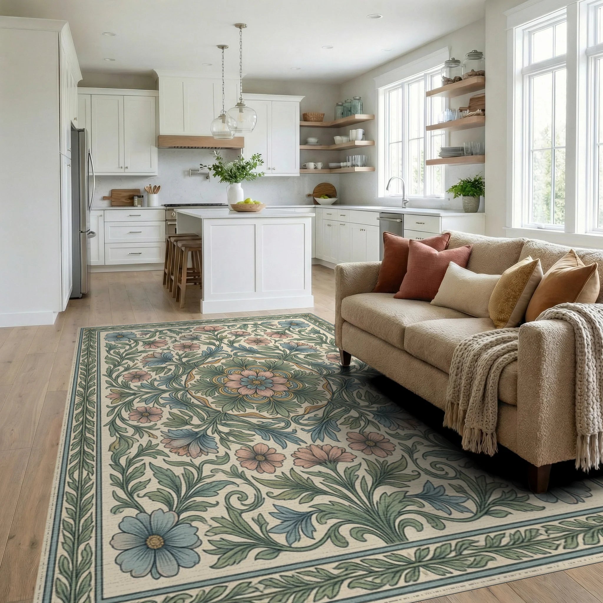 Cream Green Blue Rug - living_room