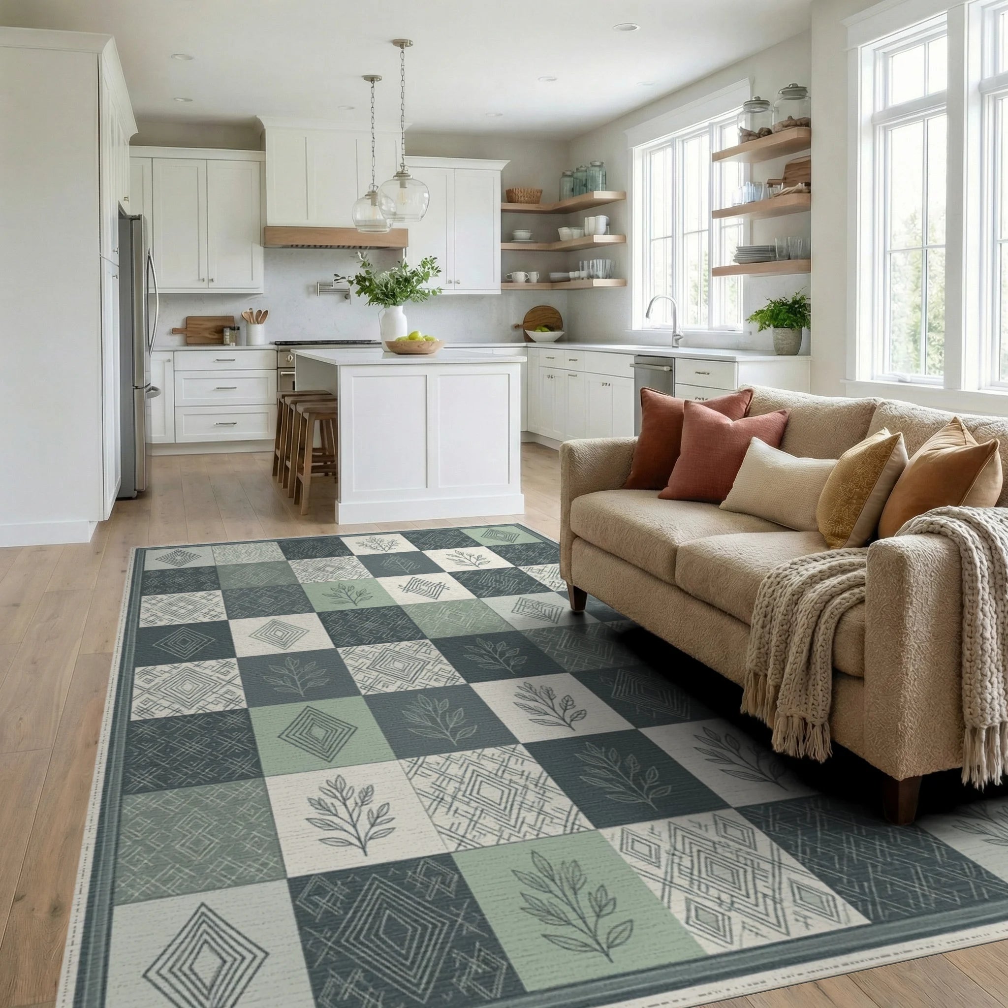 Green White Geometric Rug - living_room