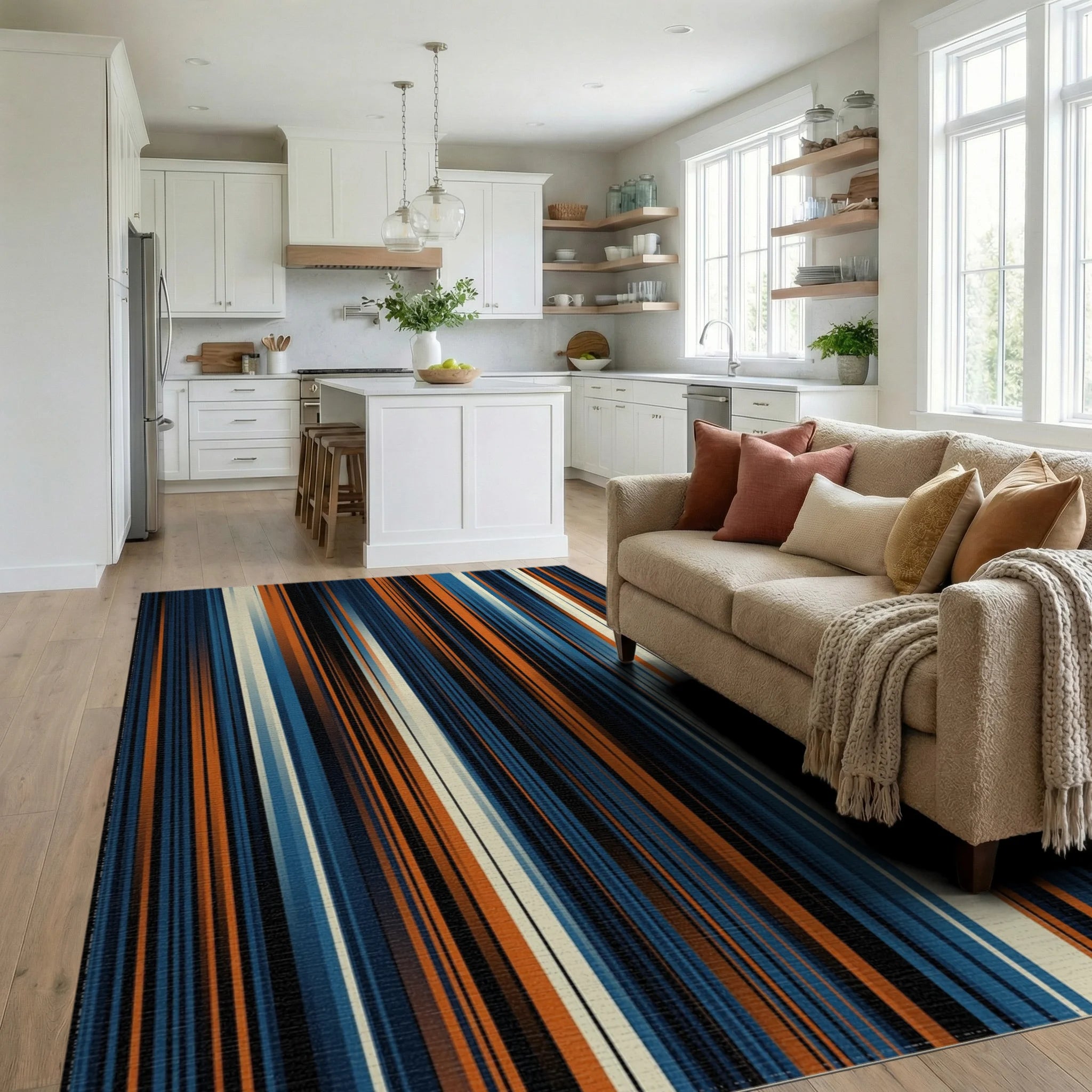 Navy Blue Orange Rug - living_room
