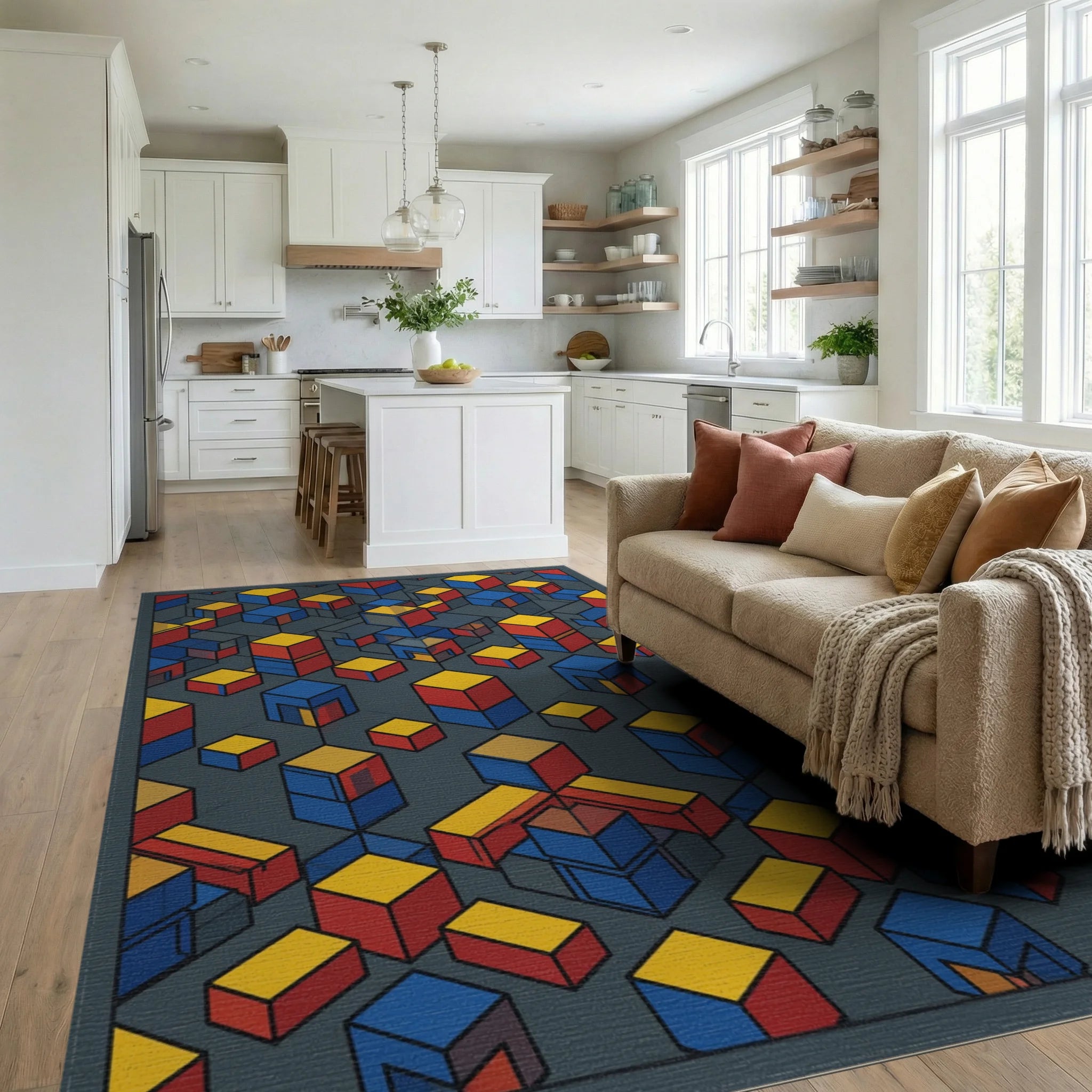 Modern Primary Geometric Isometric Grid Rug - living_room