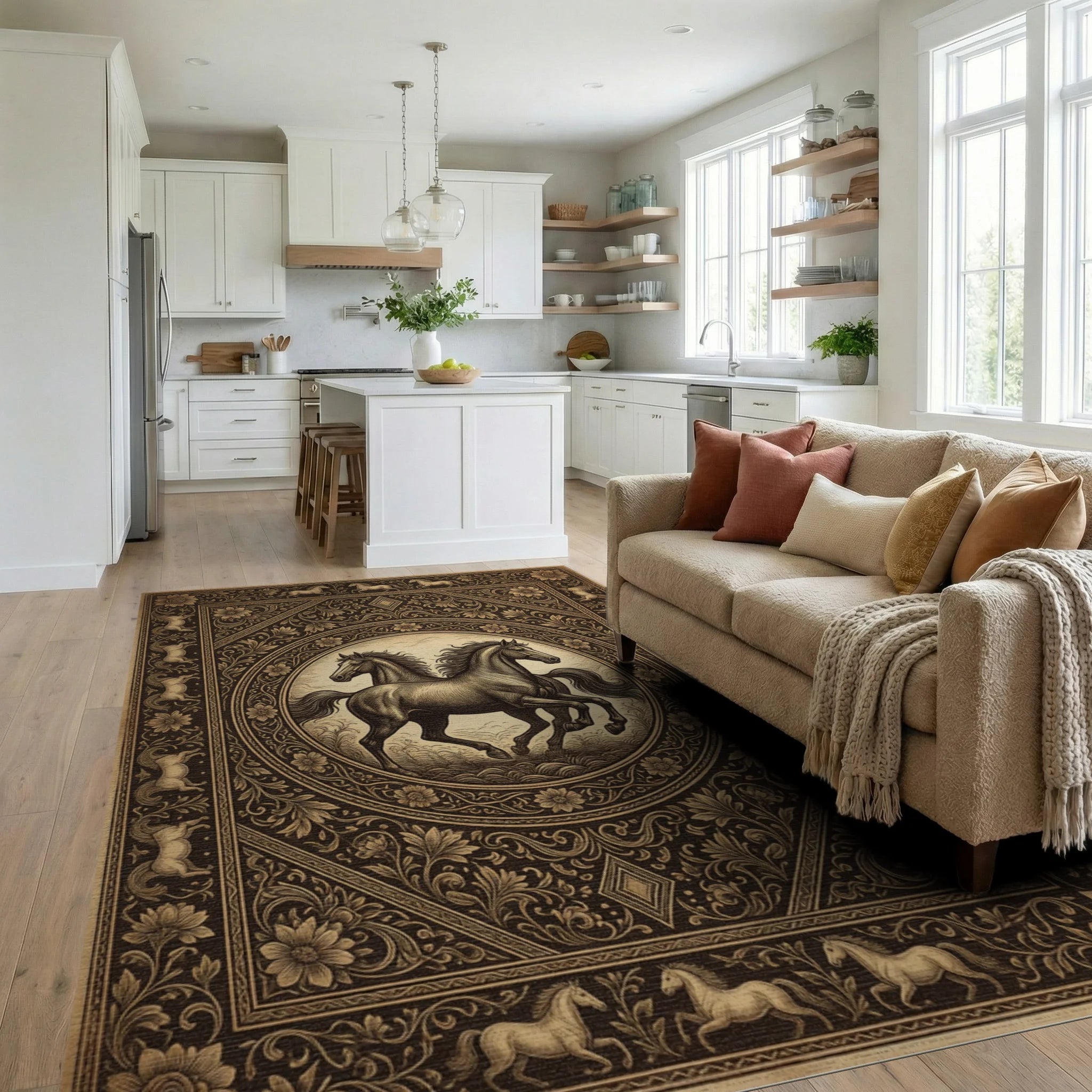Galloping Horse Monochromatic Medallion Rug - living_room