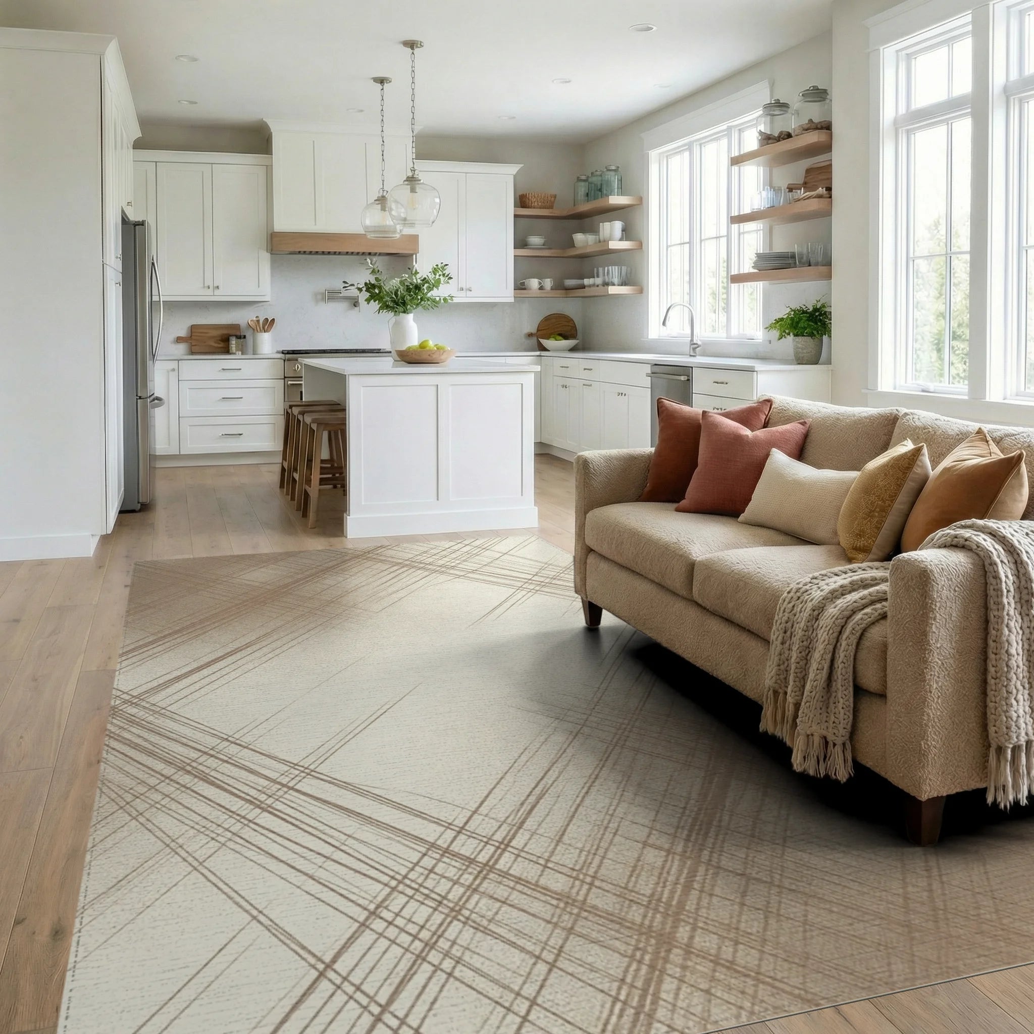 Cream White Abstract Rug - living_room