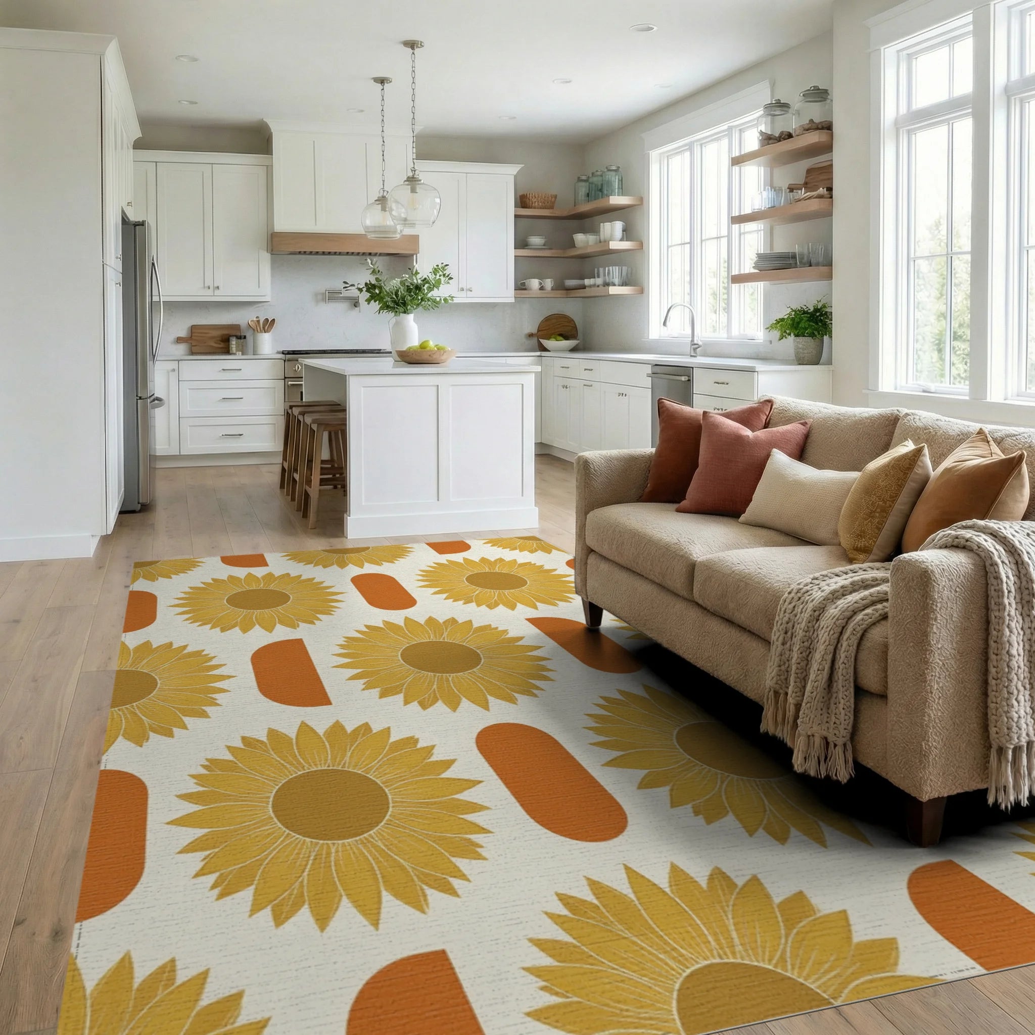 Minimalist Golden Sunflower Floral Rug - living_room