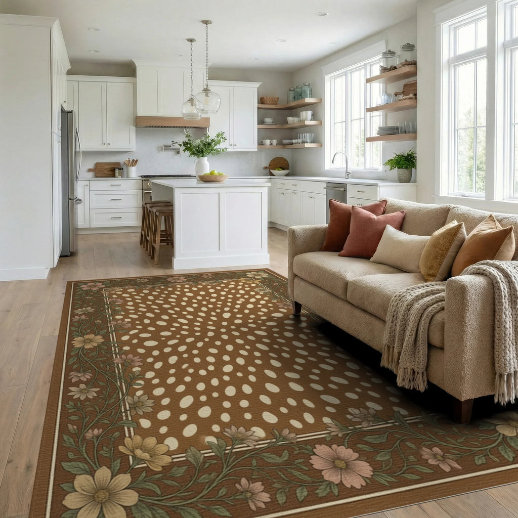 Cream Brown Green Rug - living_room