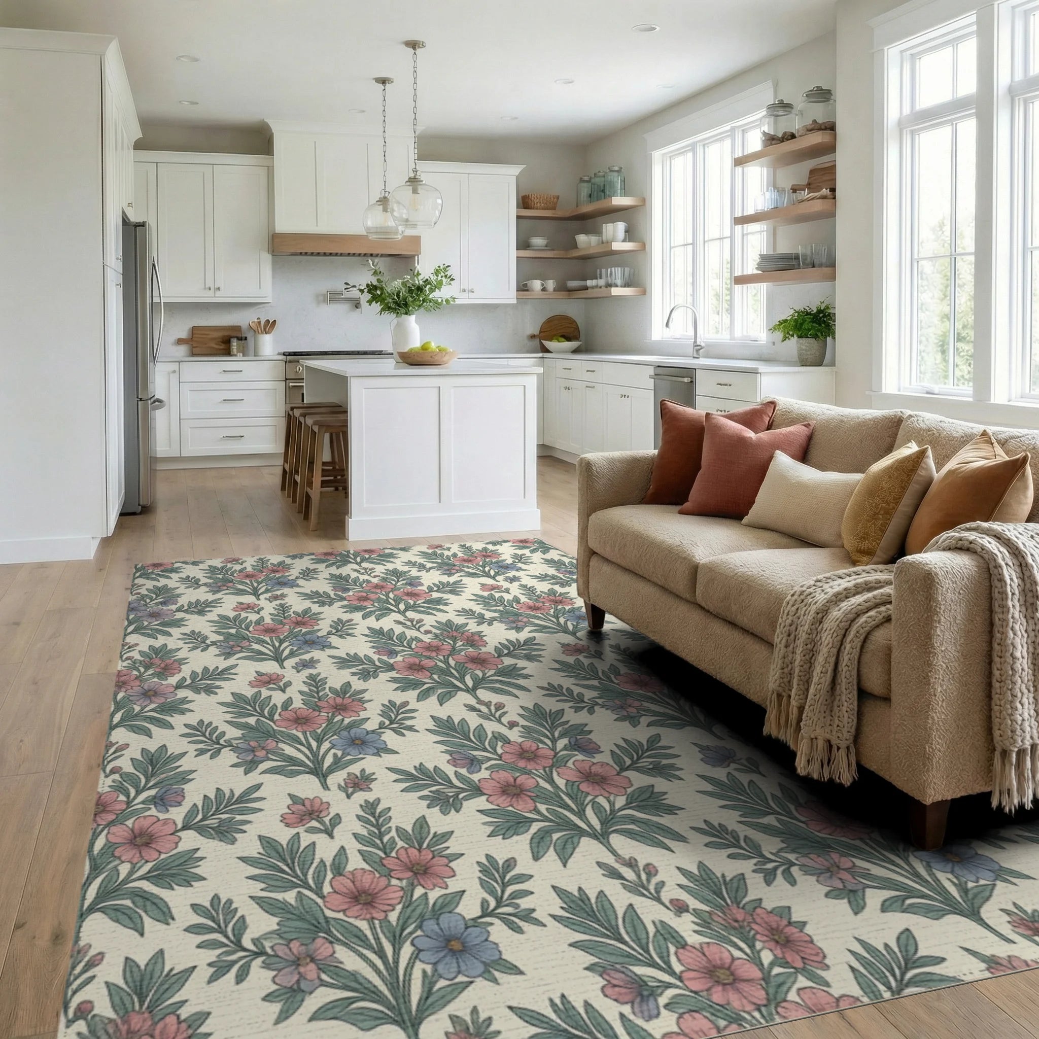 White Floral Vintage Rug - living_room