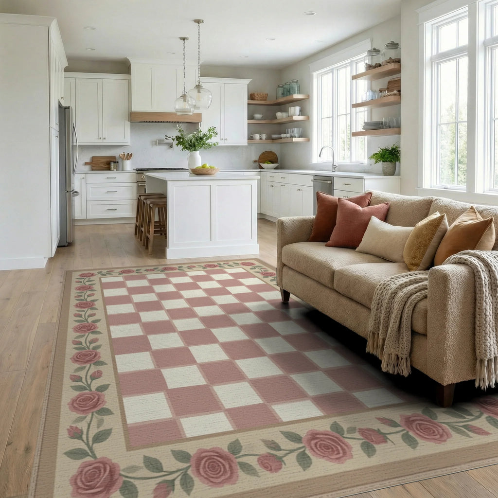 White Beige Green Rug - living_room