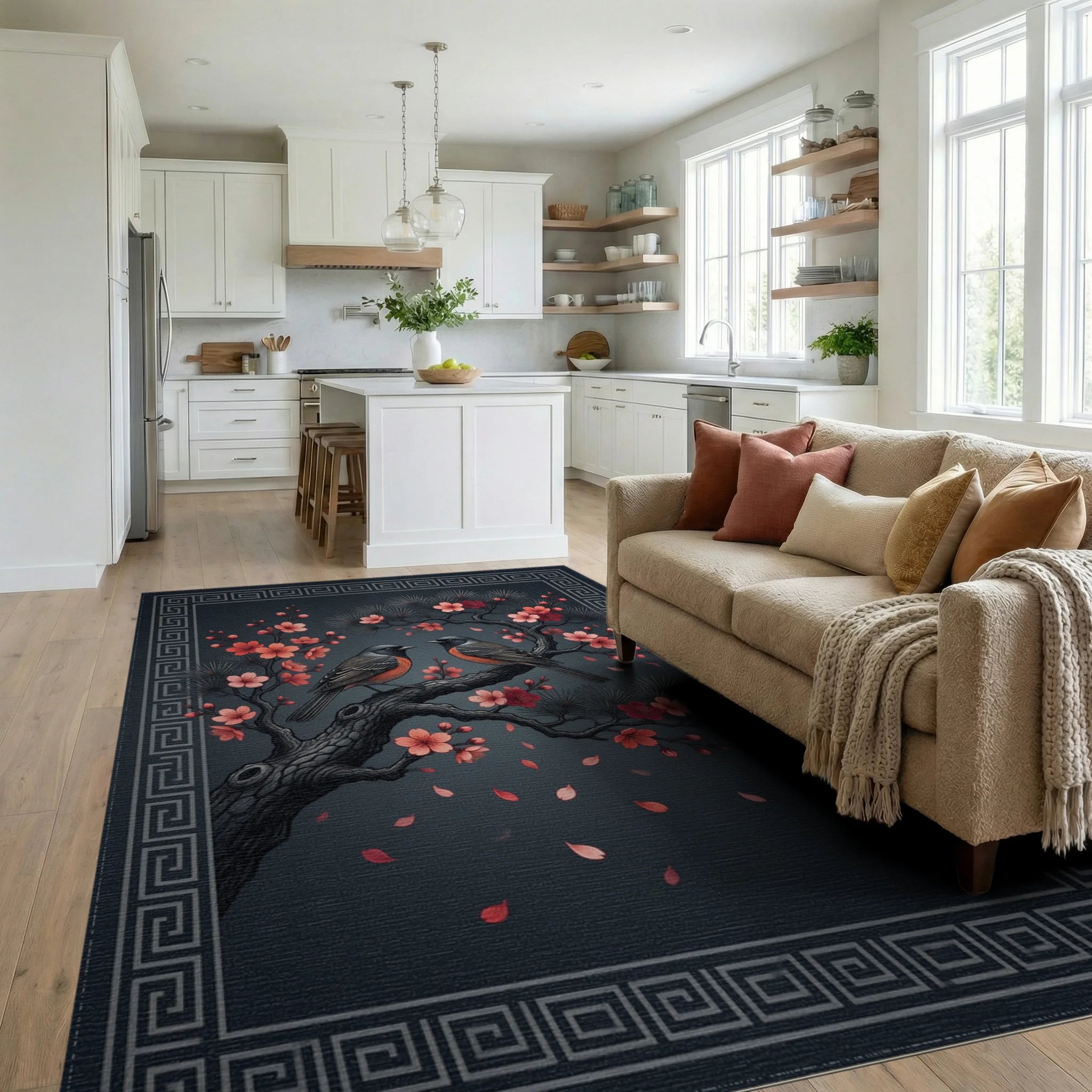 Songbird Floral Geometric Border Rug - living_room