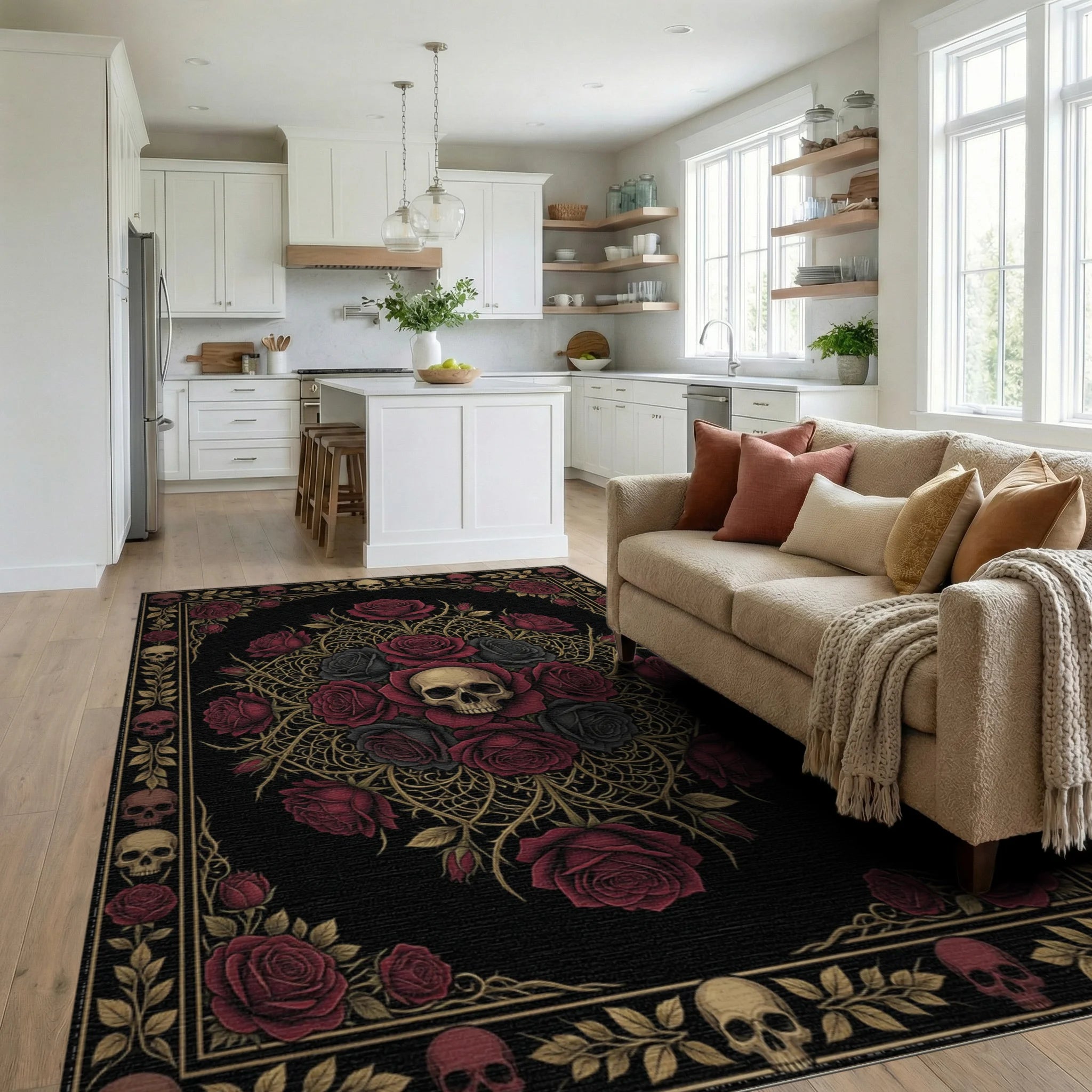 Maroon Black Gold Rug - living_room