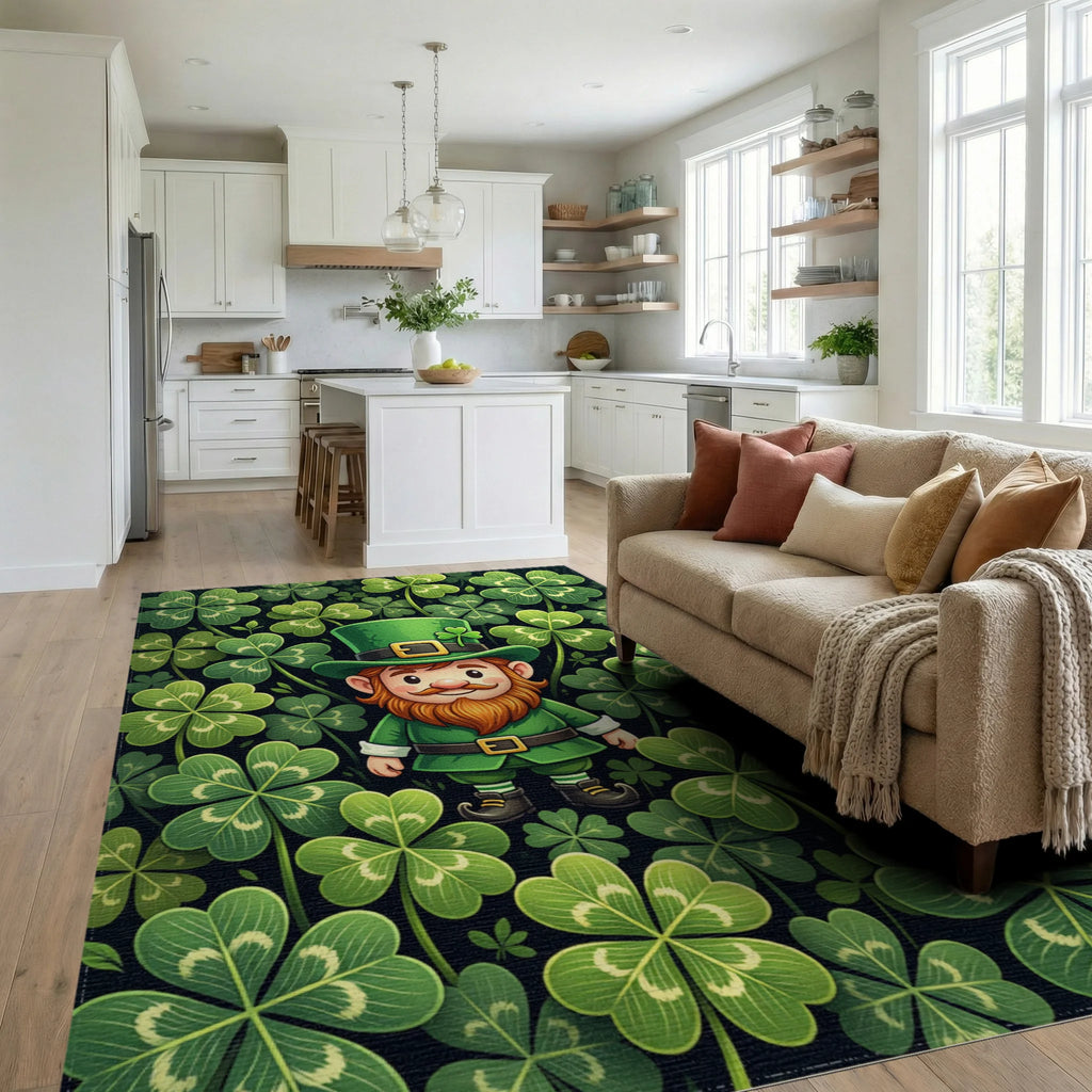 Lucky Leprechaun and Four Leaf Clover Rug Living Room View