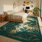 Lush Emerald Palm Canopy Rug - Bedroom View