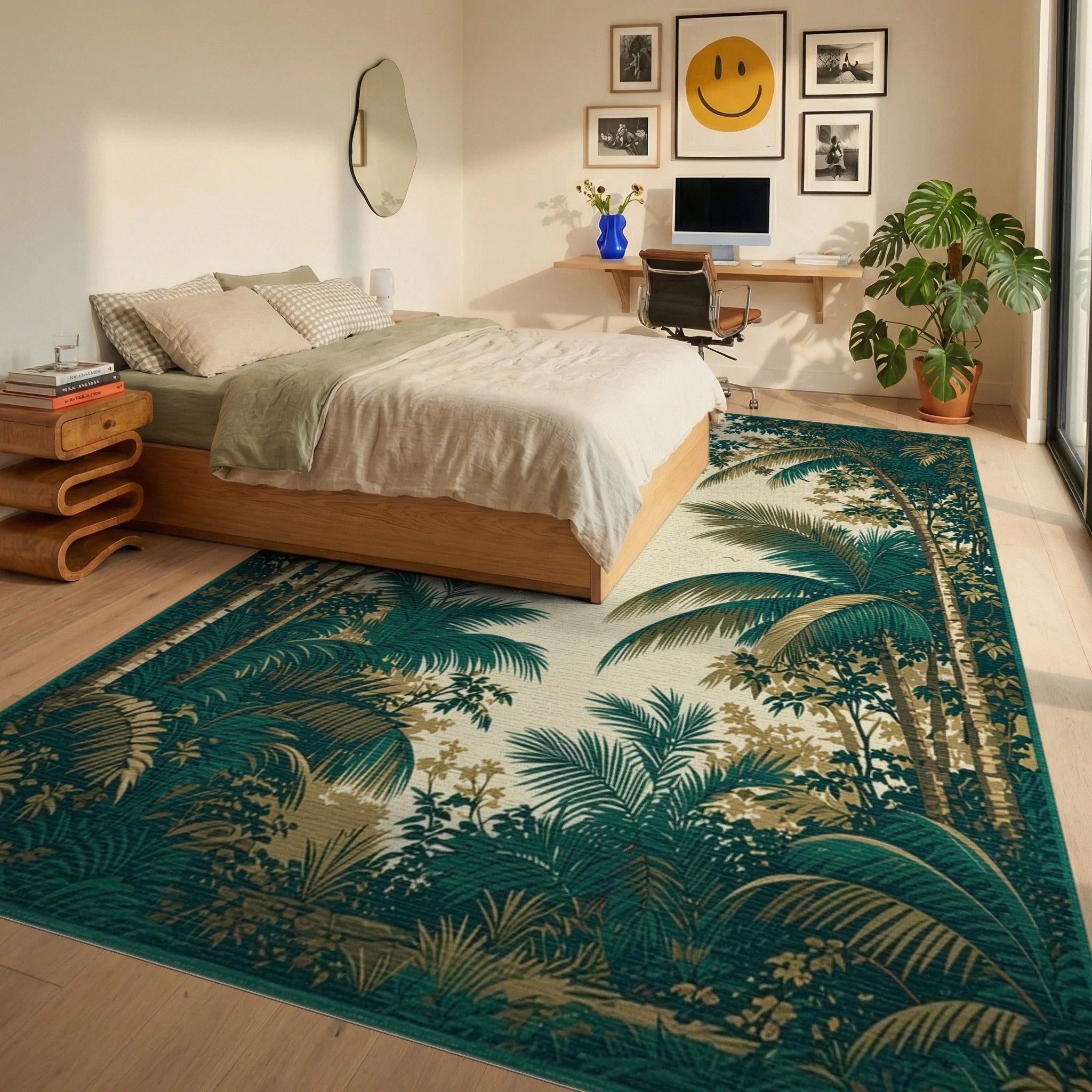 Lush Emerald Palm Canopy Rug - Bedroom View