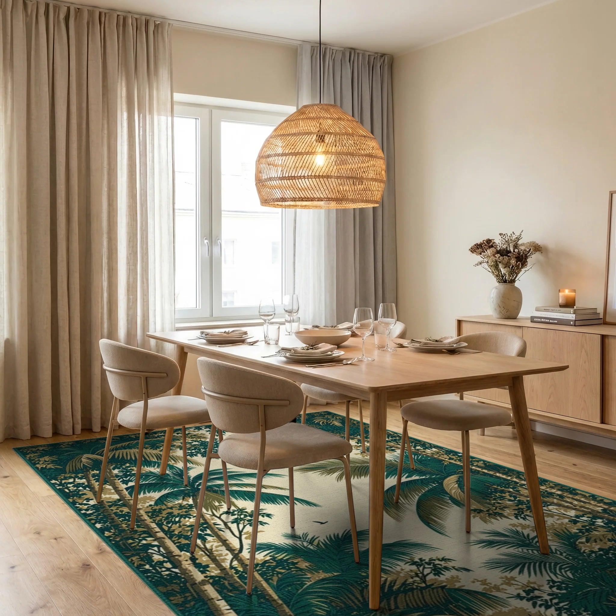 Lush Emerald Palm Canopy Rug - Dining Room View