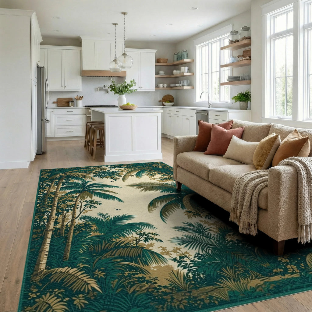 Lush Emerald Palm Canopy Rug - Living Room View
