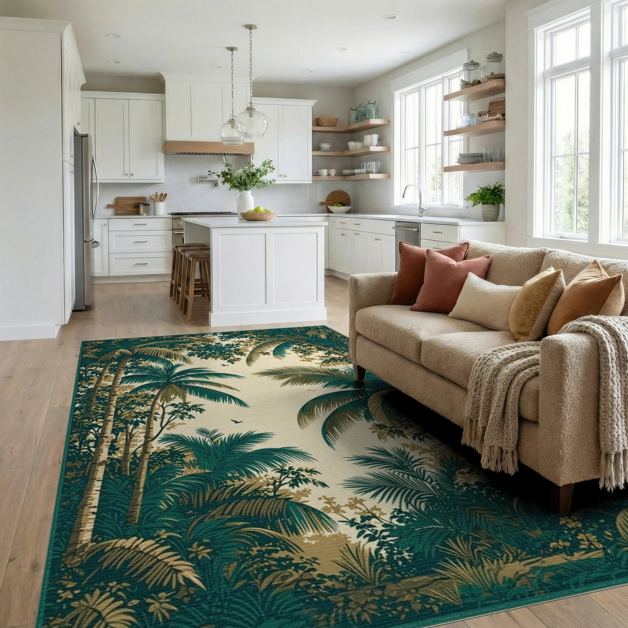 Lush Emerald Palm Canopy Rug - Living Room View