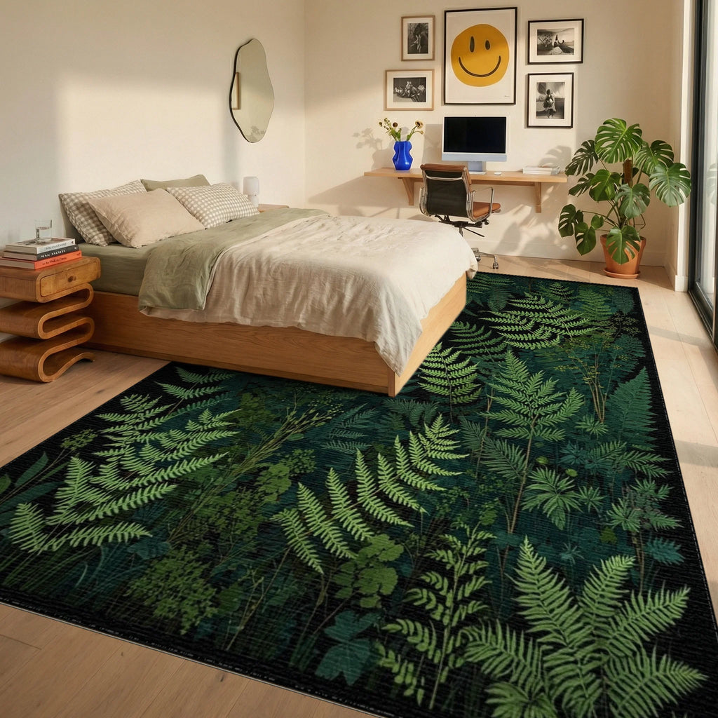 Lush Forest Fern Pattern Design Rug - Bedroom View