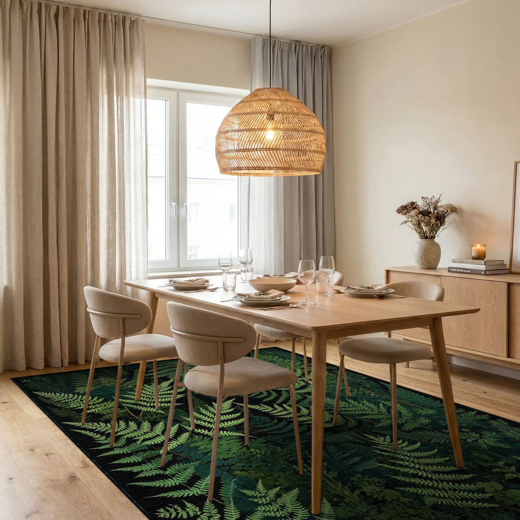 Lush Forest Fern Pattern Design Rug - Dining Room View