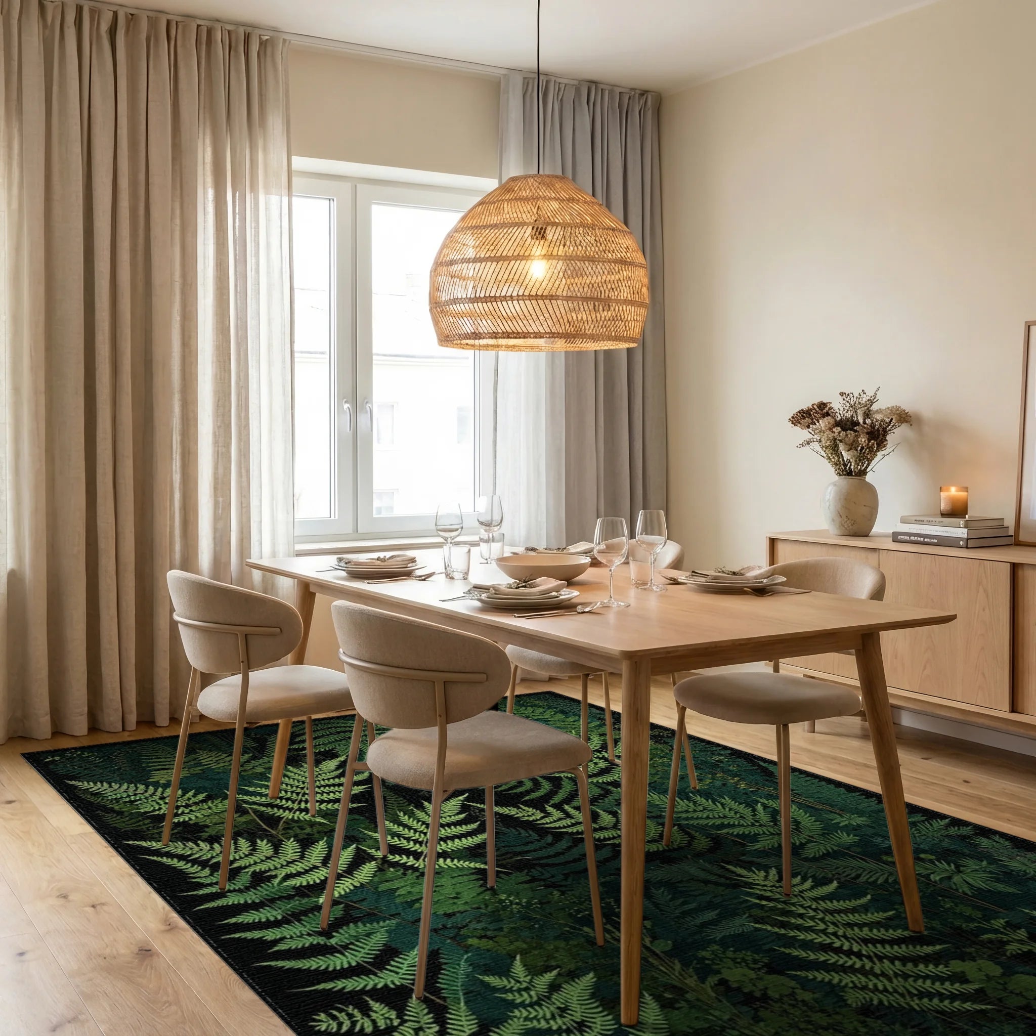 Lush Forest Fern Pattern Design Rug - Dining Room View