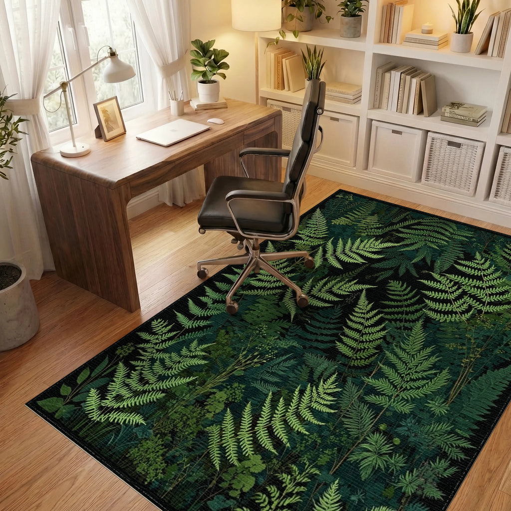 Lush Forest Fern Pattern Design Rug - Office View