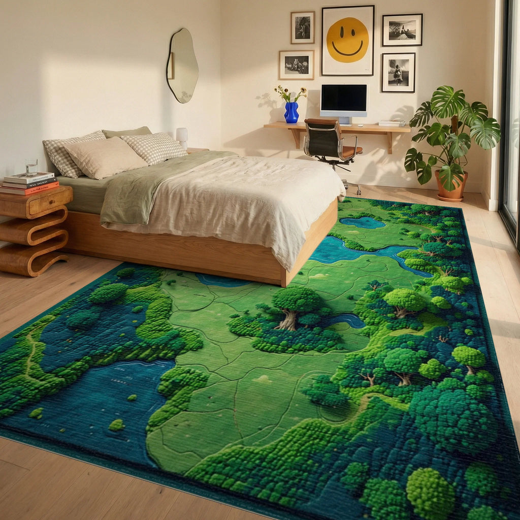 Lush Green Forest Rivers Ponds Rug - Bedroom View