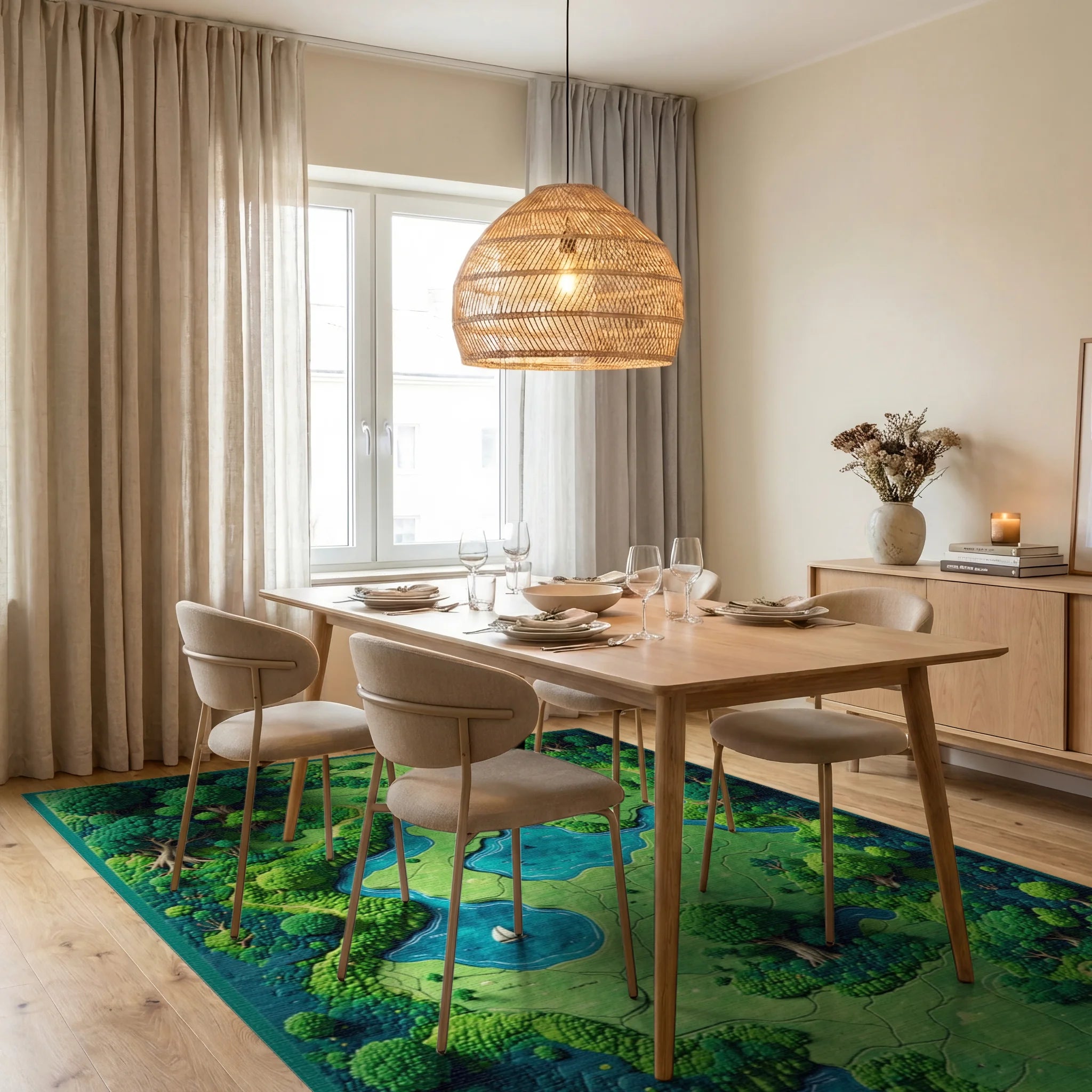 Lush Green Forest Rivers Ponds Rug - Dining Room View