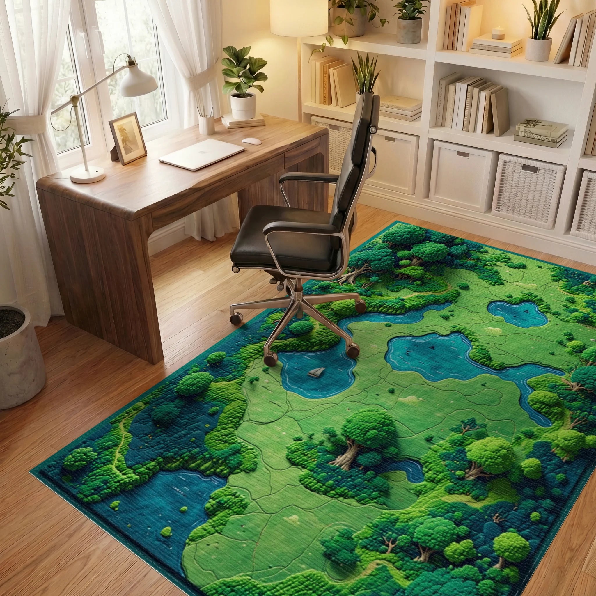 Lush Green Forest Rivers Ponds Rug - Office View