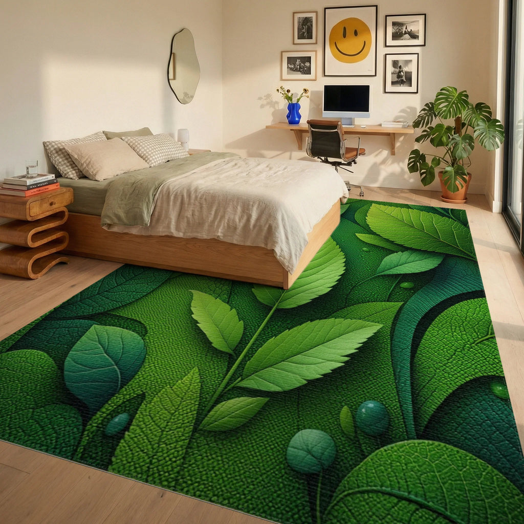 Lush Green Leaf Layers Rug - Bedroom View