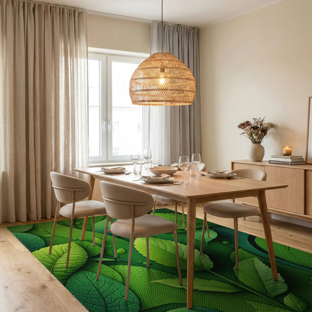 Lush Green Leaf Layers Rug - Dining Room View