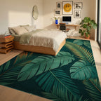 Lush Green Monstera Palm Rug - Bedroom View
