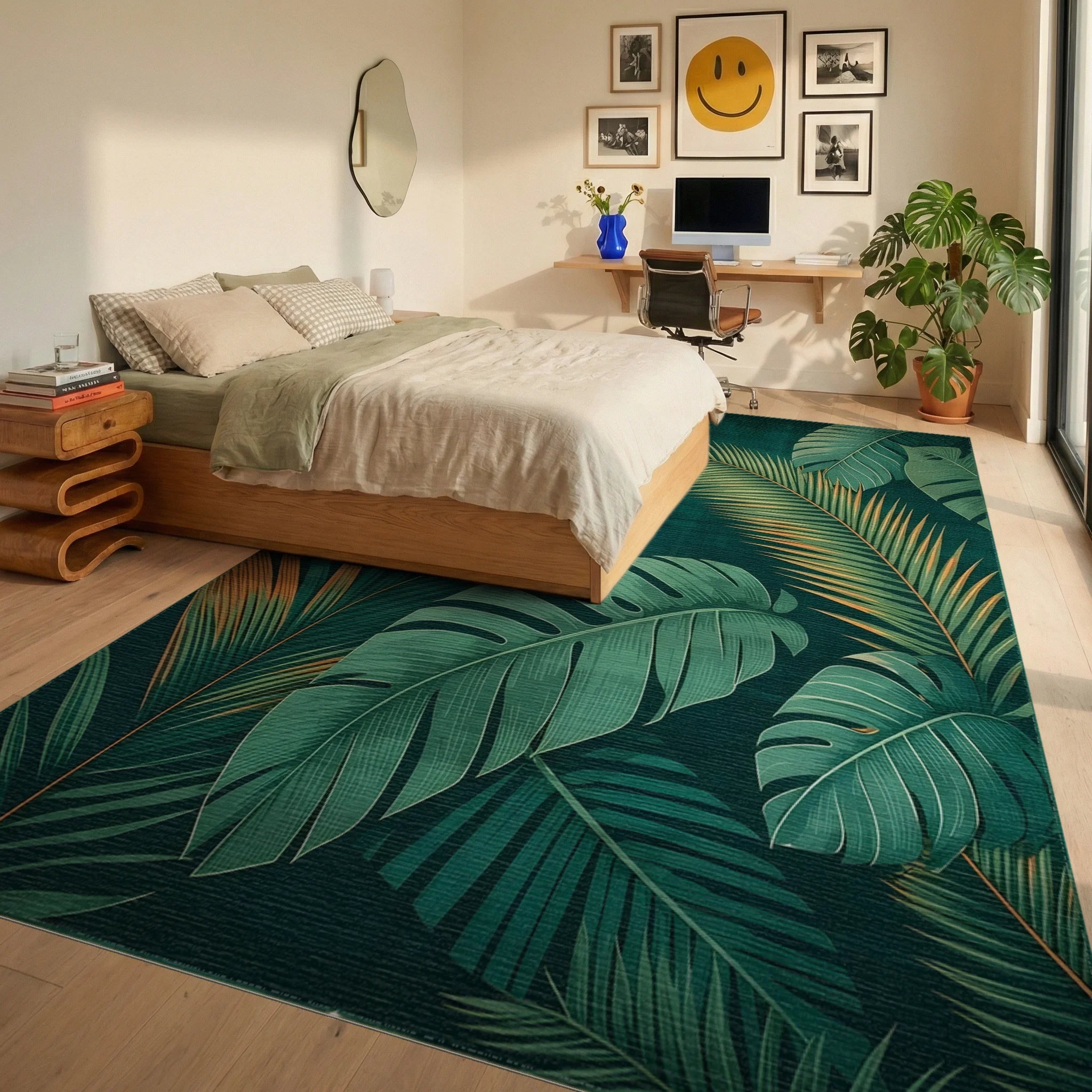 Lush Green Monstera Palm Rug - Bedroom View