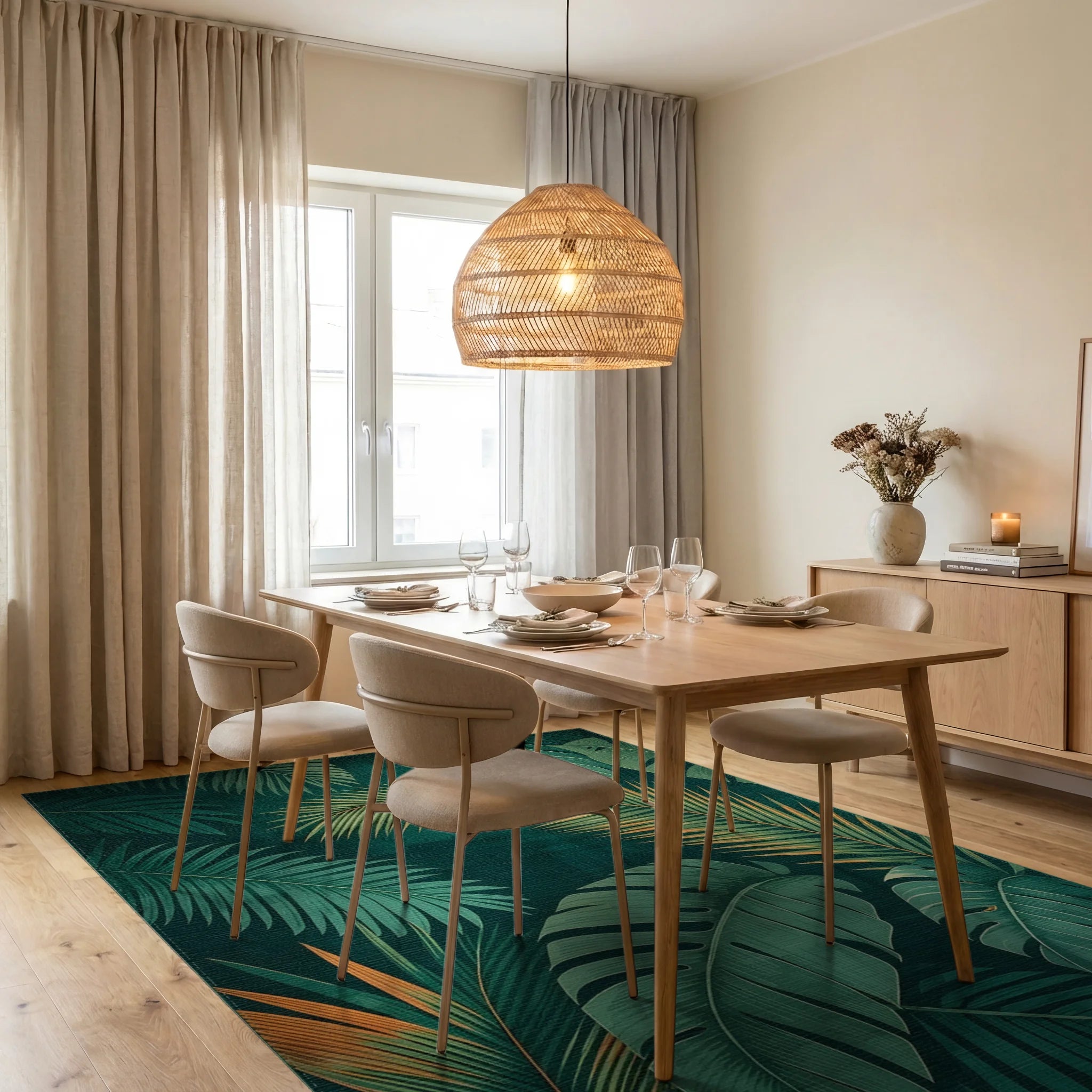Lush Green Monstera Palm Rug - Dining Room View
