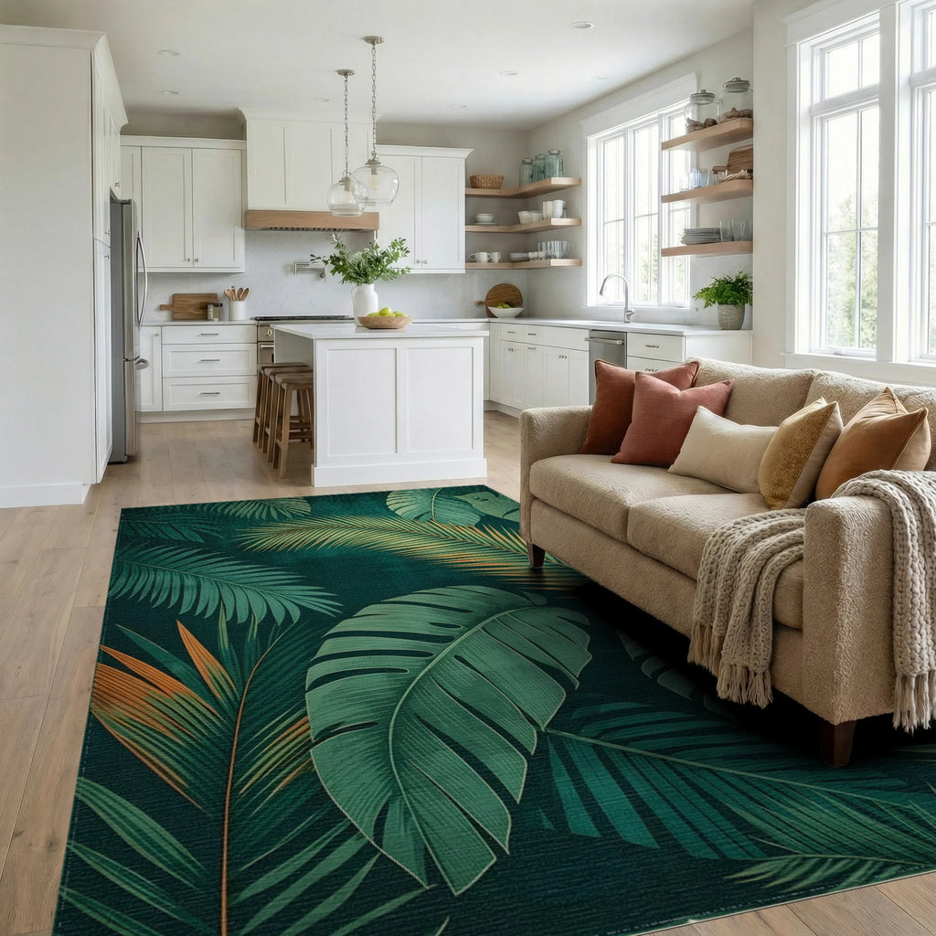Lush Green Monstera Palm Rug - Living Room View