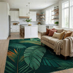 Lush Green Monstera Palm Rug - Living Room View