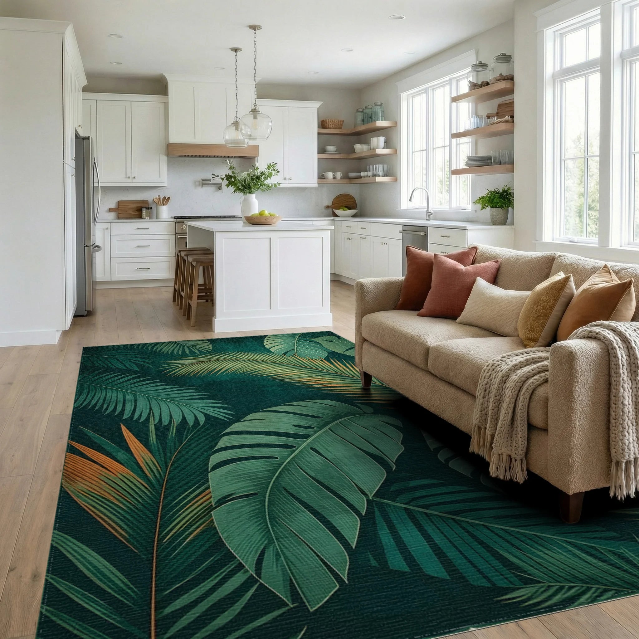 Lush Green Monstera Palm Rug - Living Room View