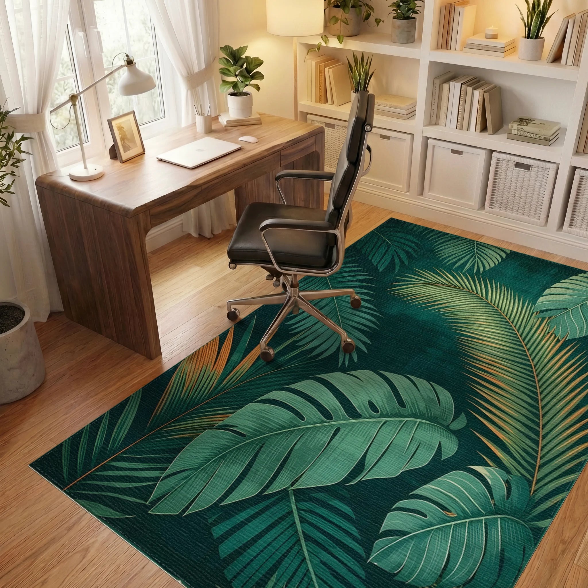 Lush Green Monstera Palm Rug - Office View